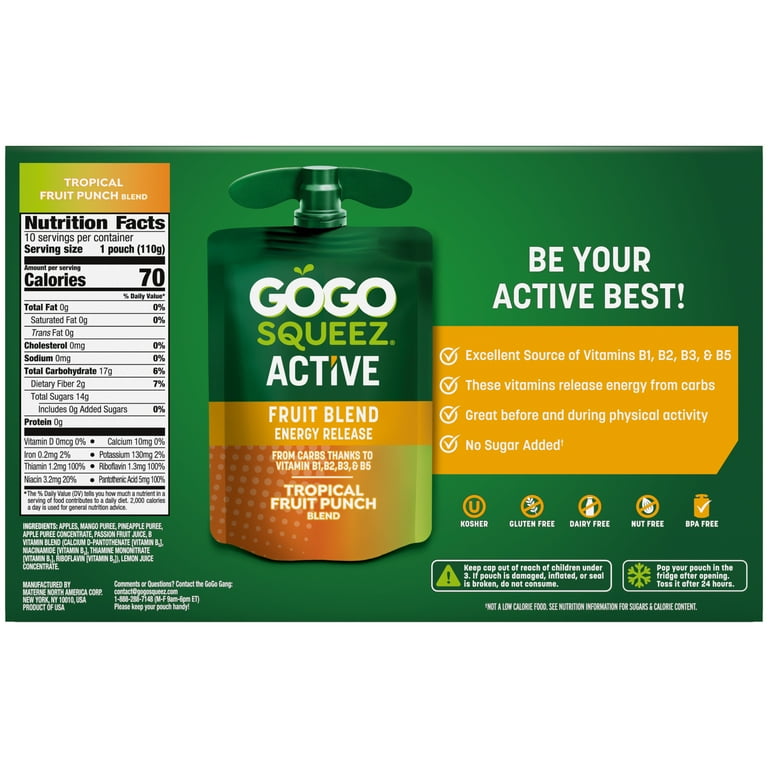 GoGo squeeZ Active Energy No Sugar Added Tropical Fruit Blend