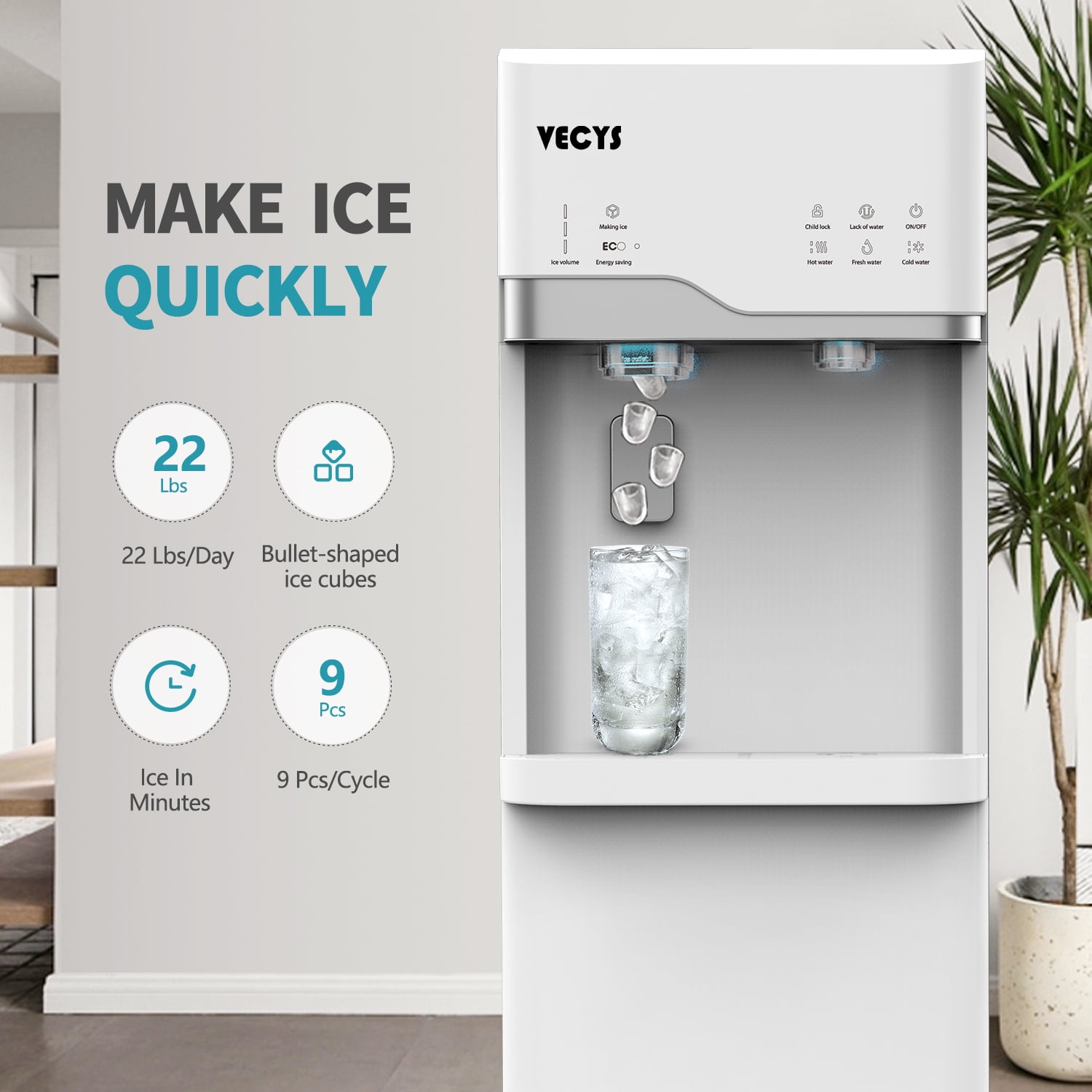 VECYS Bottom Loading Ice Maker Self-Clean Hot Cold Water Dispenser for 5 Gallon Bottle, 22LBS Daily Ice Making, Child Safety Lock, White