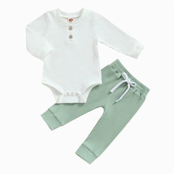 Nwiuh Baby Boy Clothes Ribbed Knitted Long Sleeve Romper and Pants Sets Newborn Fall Splicing Color Outfits(Light Green,0-3 Months)