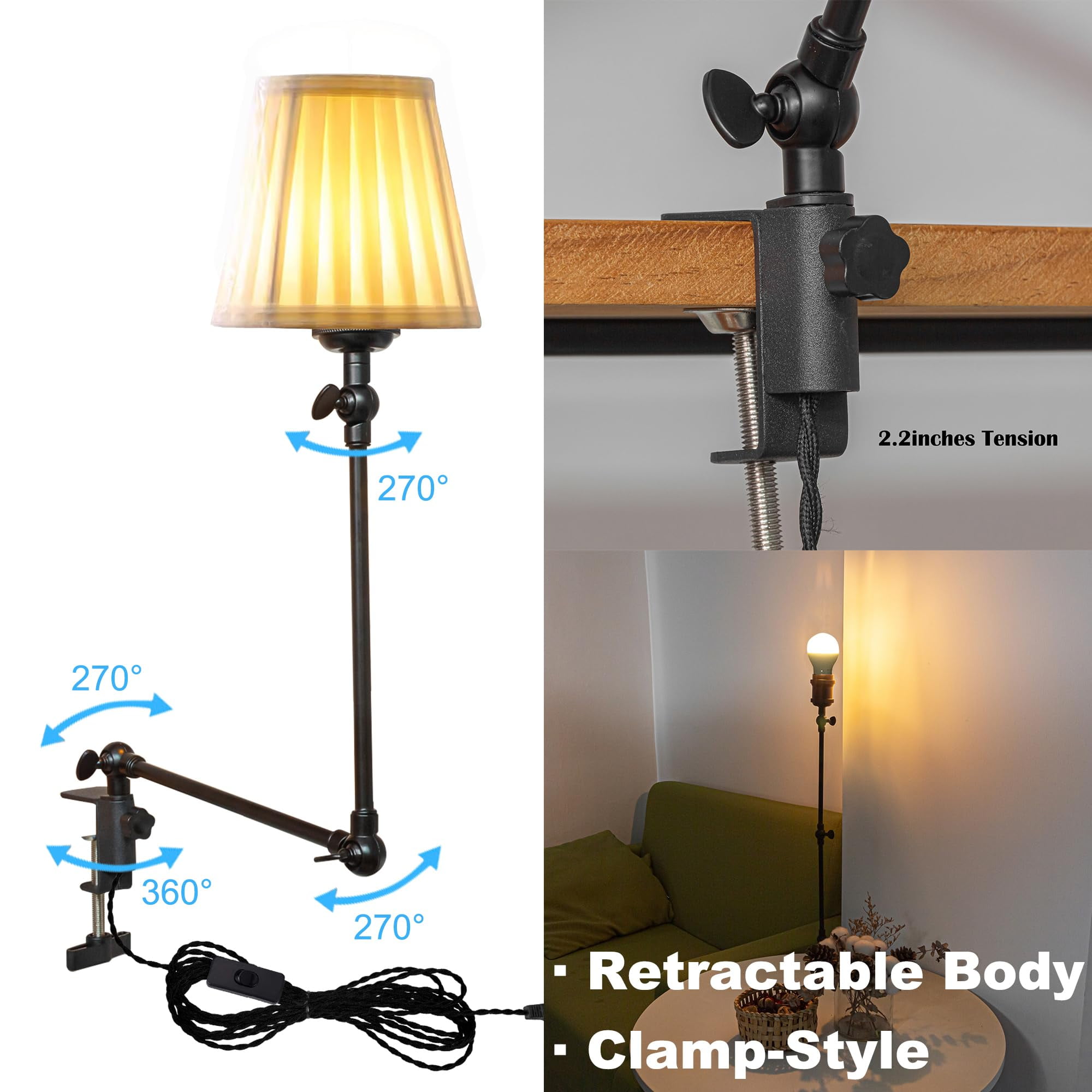 Kiven Dimmable Clip-on Desk Lamp, 1-Light Cream Fabric Nightstand Lamp with Flexible Arm, Remote Control, Decorative Clamp Lamp for Office Home Bookshelf Bedside E26 Sokcet DZ0331