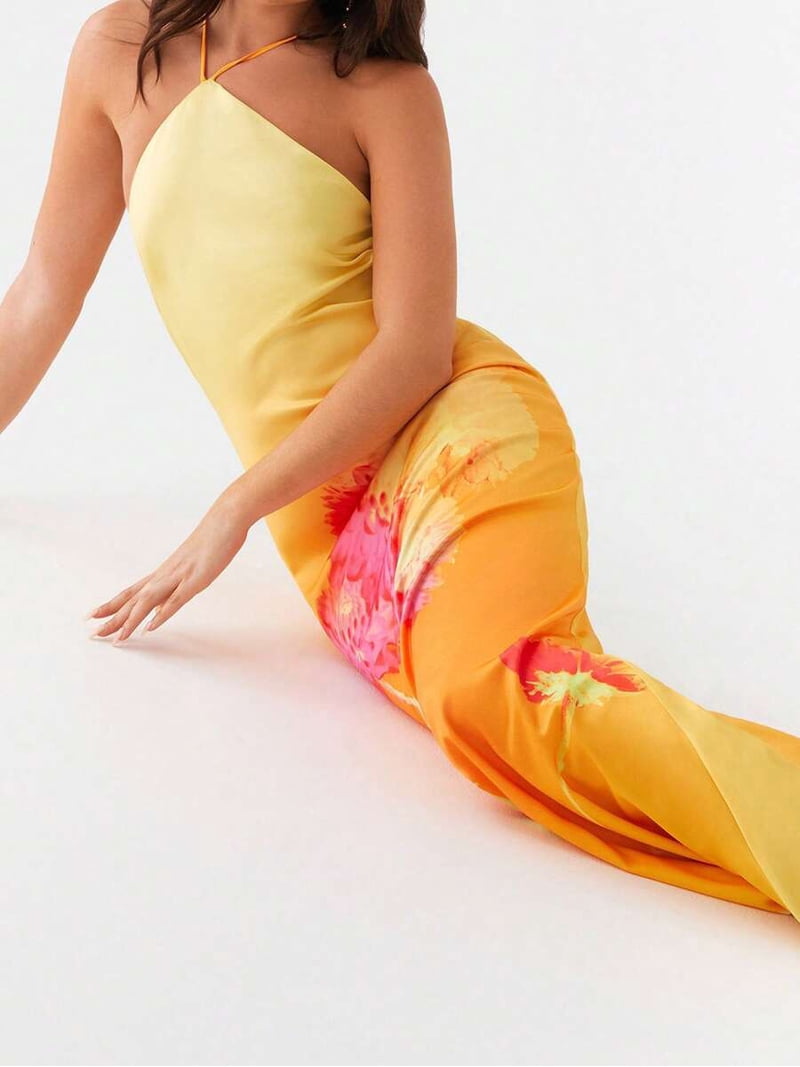 mustard backless dress long mustard maxi dress Elegant Yellow Satin Maxi Dress with Halter & Backless Detail