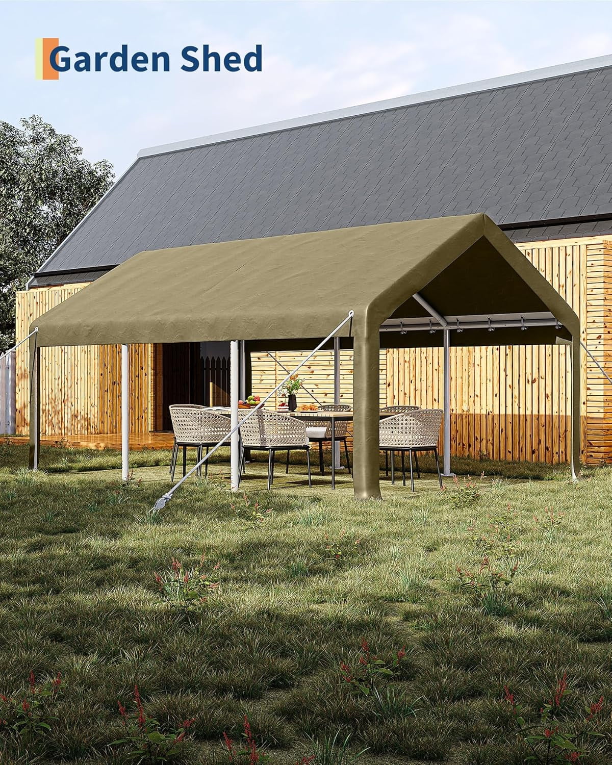 Trilenars 10X20 Ft Carport Canopy,Portable Garage with 4 Roll-Up Windows & Doors,Heavy-Duty 200g PE Tarp,Waterproof UV Resistant Anti-Snow Shelter for Truck,Motorcycle,Khaki