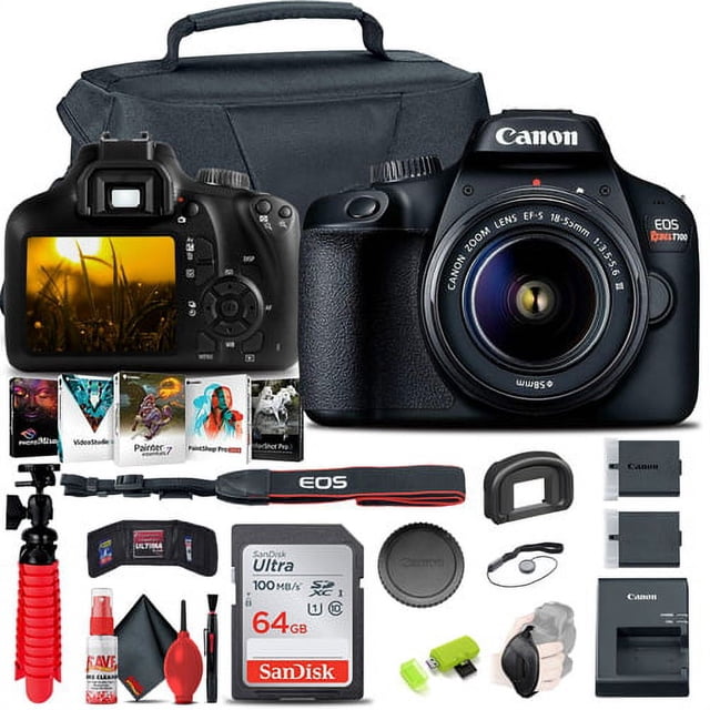 Canon EOS Rebel T100 / 4000D DSLR Camera with 18-55mm Lens + 64GB Memory Card + Case + Photo Software + LPE10 Battery + Flex Tripod + Hand Strap + Memory Wallet + Cleaning Kit(International Model)