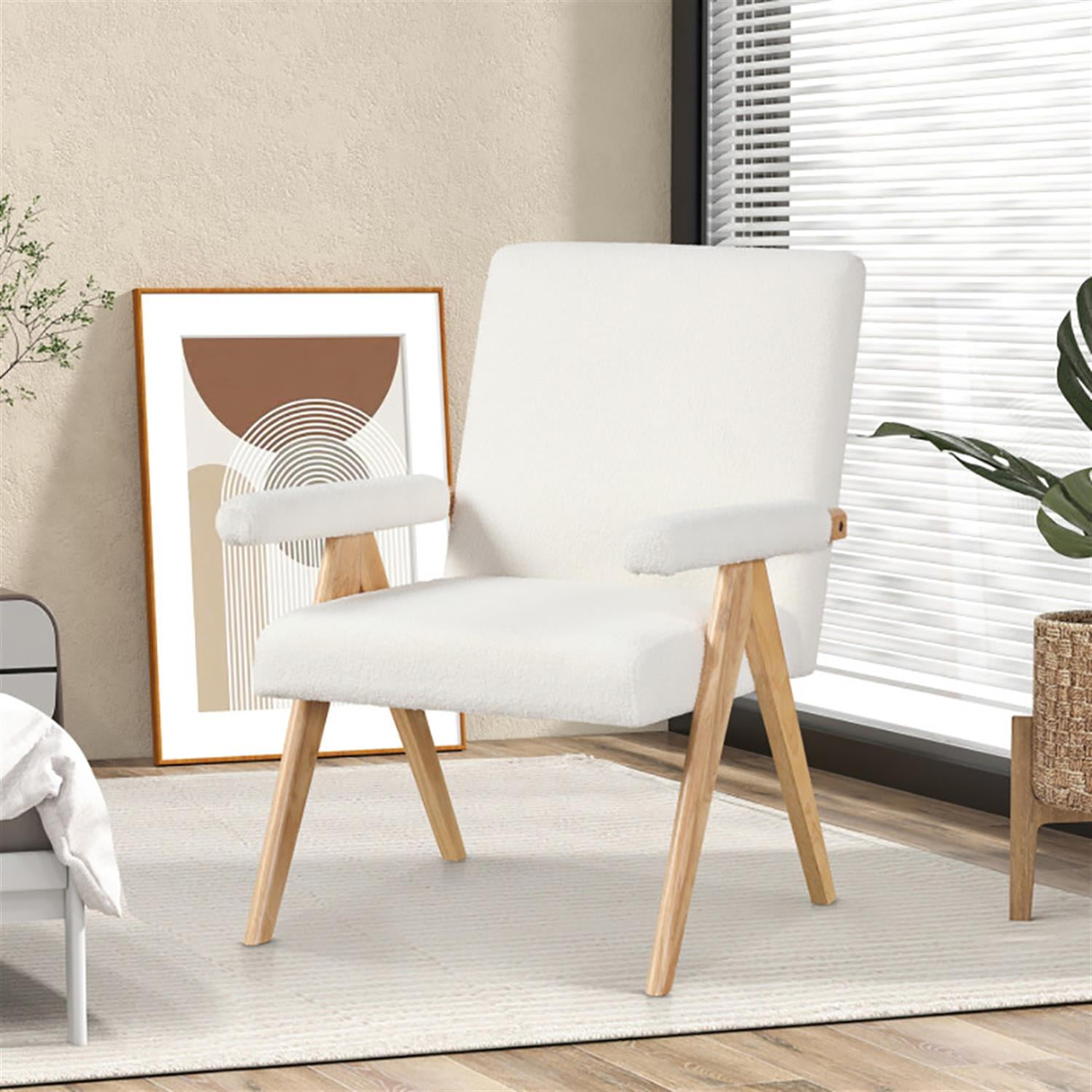 Demi Bonn Modern Accent Chair, Elegant Armchair with Rubber Wood Frame and Padded Armrests, Suitable for Living Room Bedroom Reception Room Office, White