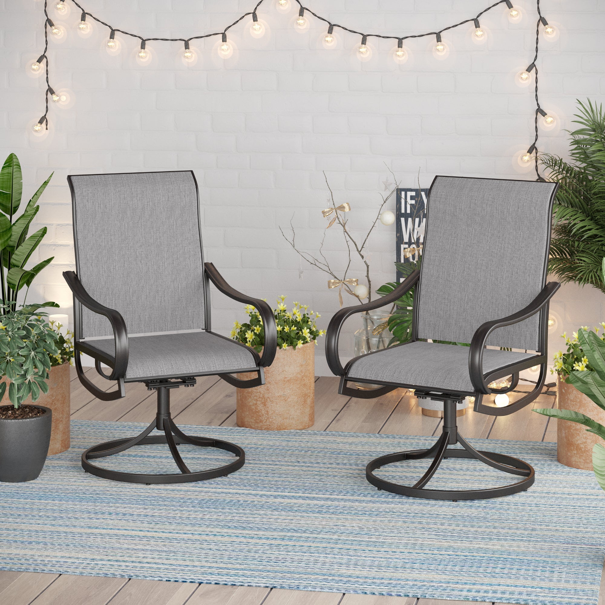 7-Piece Outdoor Patio Dining Set, Swivel Chairs & 54” Large Round Table with Umbrella Hole, Steel Frame & Textilene Seat, Gray