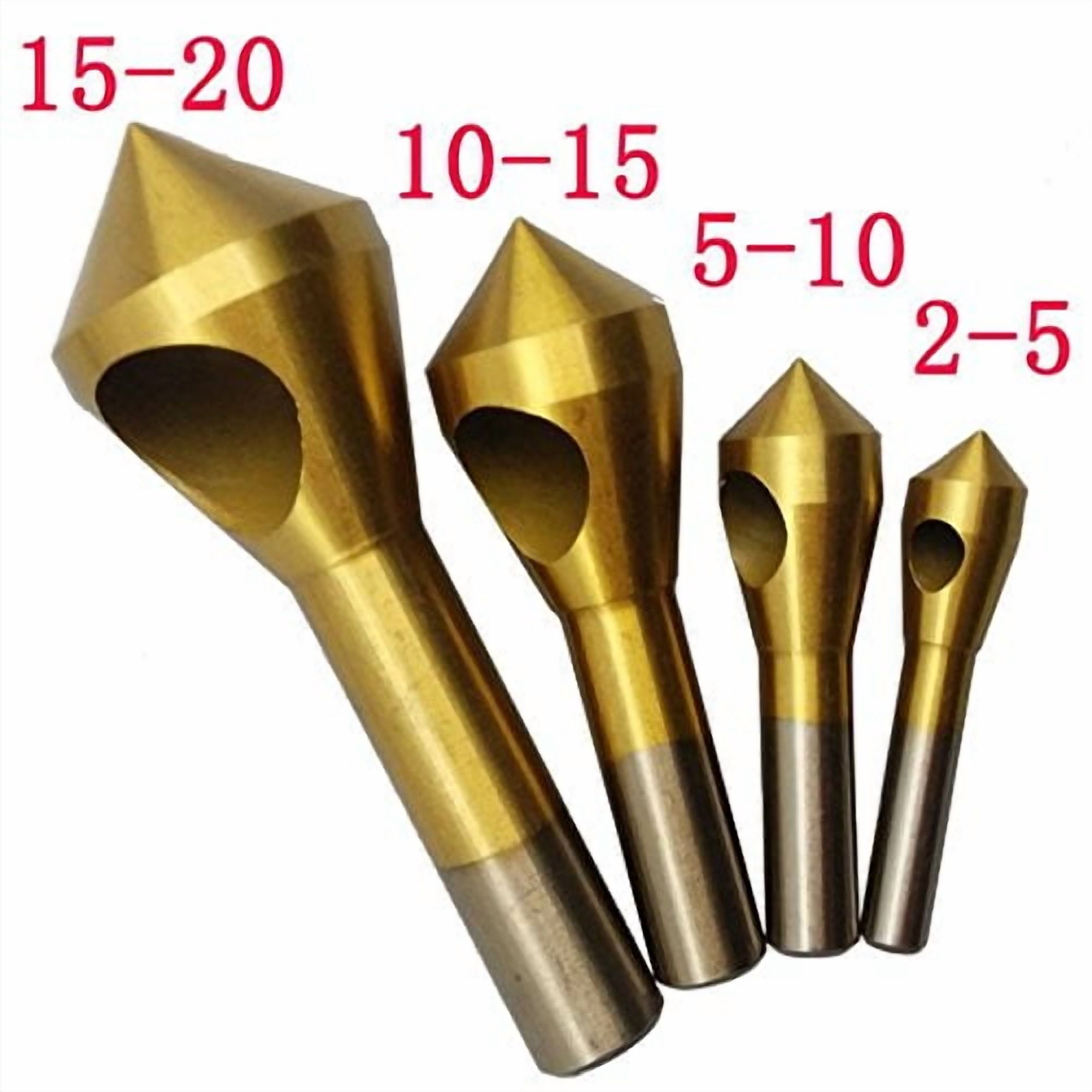 4pcs Titanium Coated Countersink Chamfer Tool Deburring Tool Set Metal Wood Drill Bits 2-5mm 5-10mm 10-15mm 15-20mm （gold)