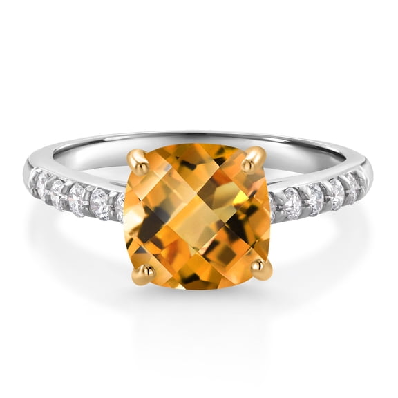 Gem Stone King 925 Silver and 10K Yellow Gold Yellow Citrine and White Lab Grown Diamond Engagement Ring for Women (2.20 Cttw, Cushion Checkerboard 8MM, Gemstone November Birthstone, Size 9)