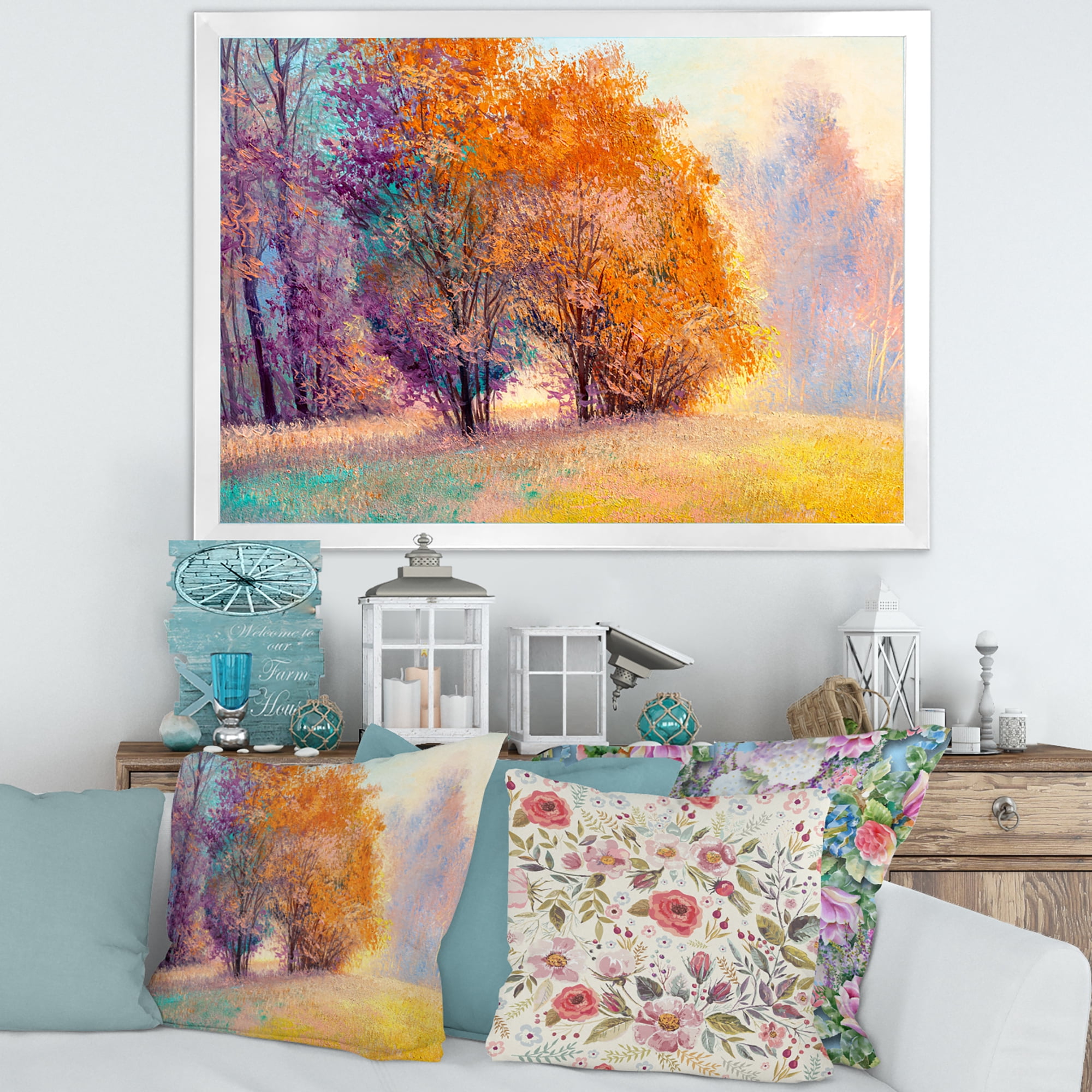 Designart 'Autumn Forest Orange Leaves Landscape' Lake House Framed Art Print