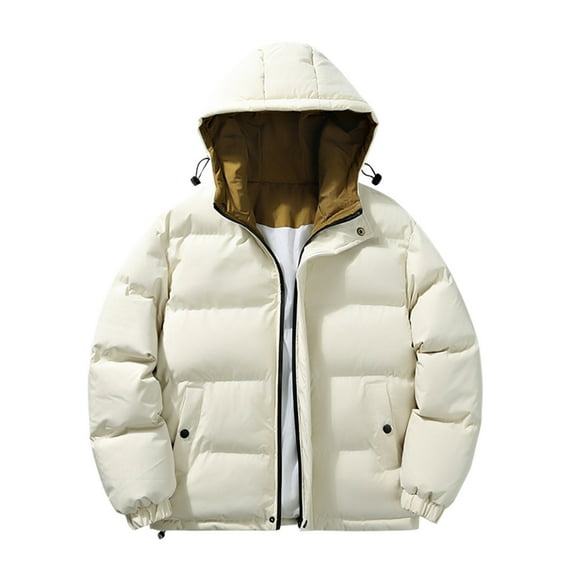 TFEOQRY Men Winter Short Padded Coats Casual Patchwork Hooded Zipper Jacket with Pockets Long Sleeve Coat Beige