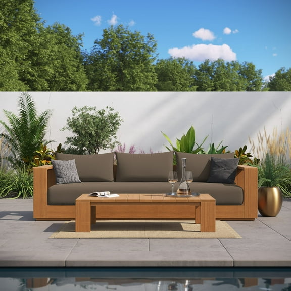 Modway Tahoe 2-Piece Outdoor Patio Acacia Wood Sofa and Coffee Table Set in Natural Cocoa