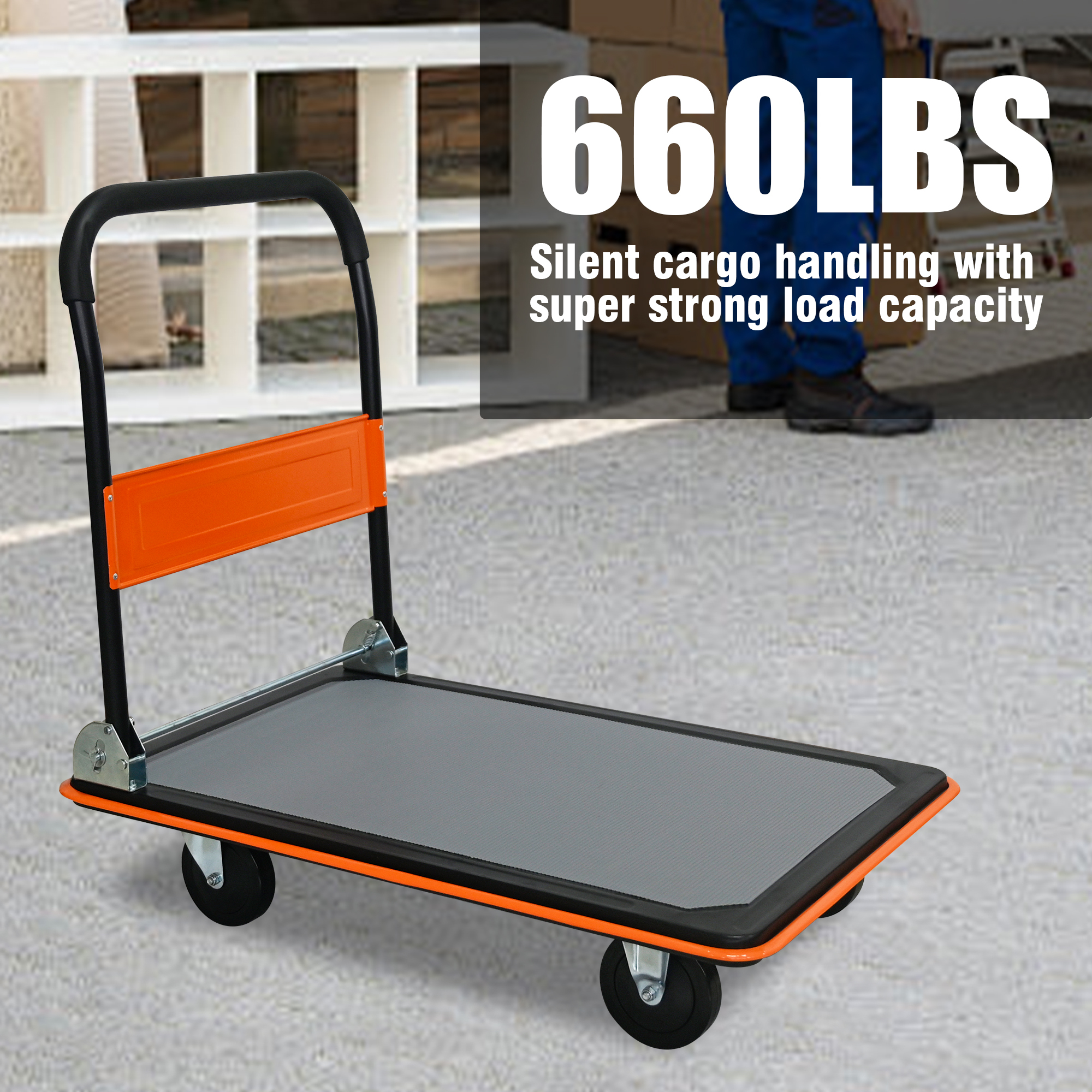 Garge Utility Cart, 660lbs Heavy Duty Capacity Platform Hand Truck 360 Degree Swivel Wheels Foldable Push Hand Cart for Loading and Storage, Warehouse