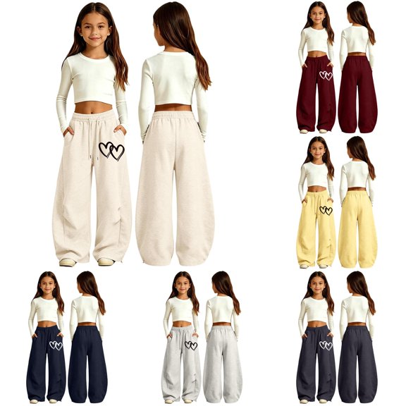 WERYOUNG Girls Relaxed Tapered Jogger Pants Fashion Heart Printed Curved Leg Trousers Loose Fit Stretchy Elastic Waist Pants For Kids Back To School Trendy Bottom 5-6 Years