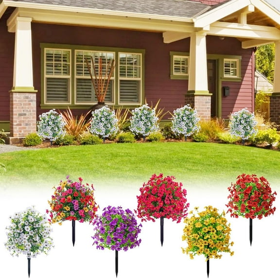 60cm Artificial Violet Ball Topiary Trees with Ground Spikes, Fake Artificial Bushes Plants, Fade Resistant Faux Artificial Shrubs Tree for Indoor Outdoor Front Porch Decor