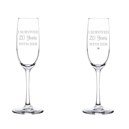 Set of 2 Glass Champagne Flutes Sparkling Wine Glasses Gift I Survived 20 Years 20th Anniversary (8 oz Stemmed)