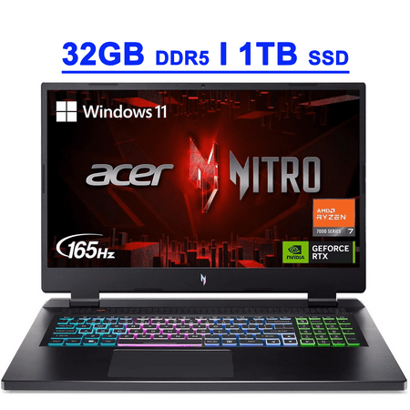 Acer Nitro 17 Premium Gaming Laptop 17.3" QHD IPS 165Hz AMD 8-Core Ryzen 7 7840HS Processor 32GB DDR5 1TB SSD GeForce RTX 4060 8GB Graphic RGB Backlit USB-C Killer E2600 Win11 Black