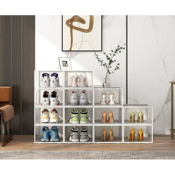 XXL Clear Plastic Stackable Shoe Storage Boxes for Size 14, 12 Pack Sneaker Organizer with Easy Assembly