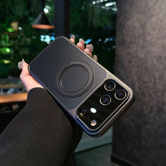 for iPhone 12 Pro Case with Camera Lens Protector, Compatible with MagSafe, 360° Rotating Kickstand Ring Holder Glossy Hard PC Ultra Slim Shockproof Protective Phone Case Cover, Black