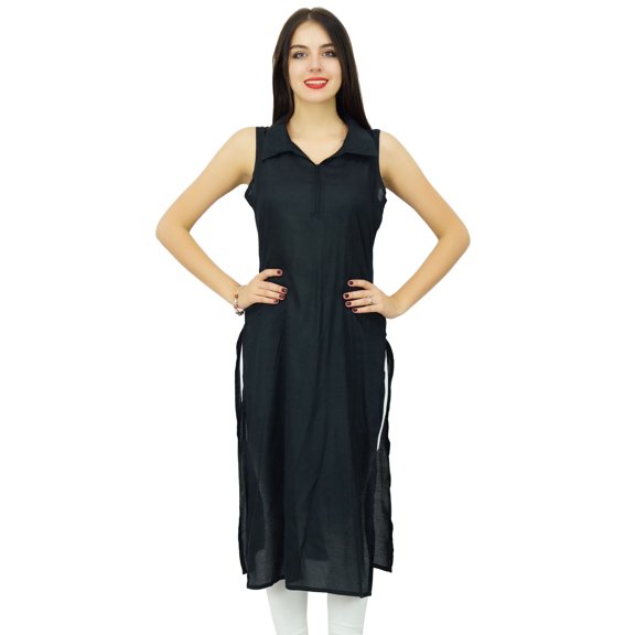 Bimba Women Casual Long Tunic Collar Neck Black Kurta Plain Black Kurti