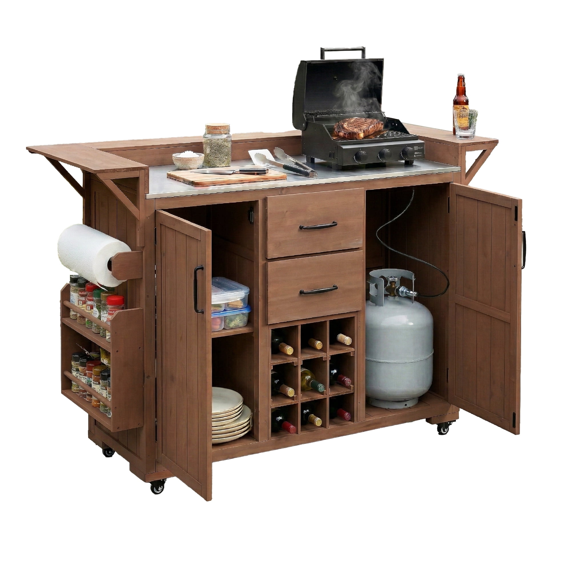 Modern 60.2" Outdoor Kitchen Island with Wheels, Rolling Kitchen Island with Stainless Steel Top & Wine Rack, Patio BBQ Kitchen Cart with Spice Rack & 2 Drawers, Brown
