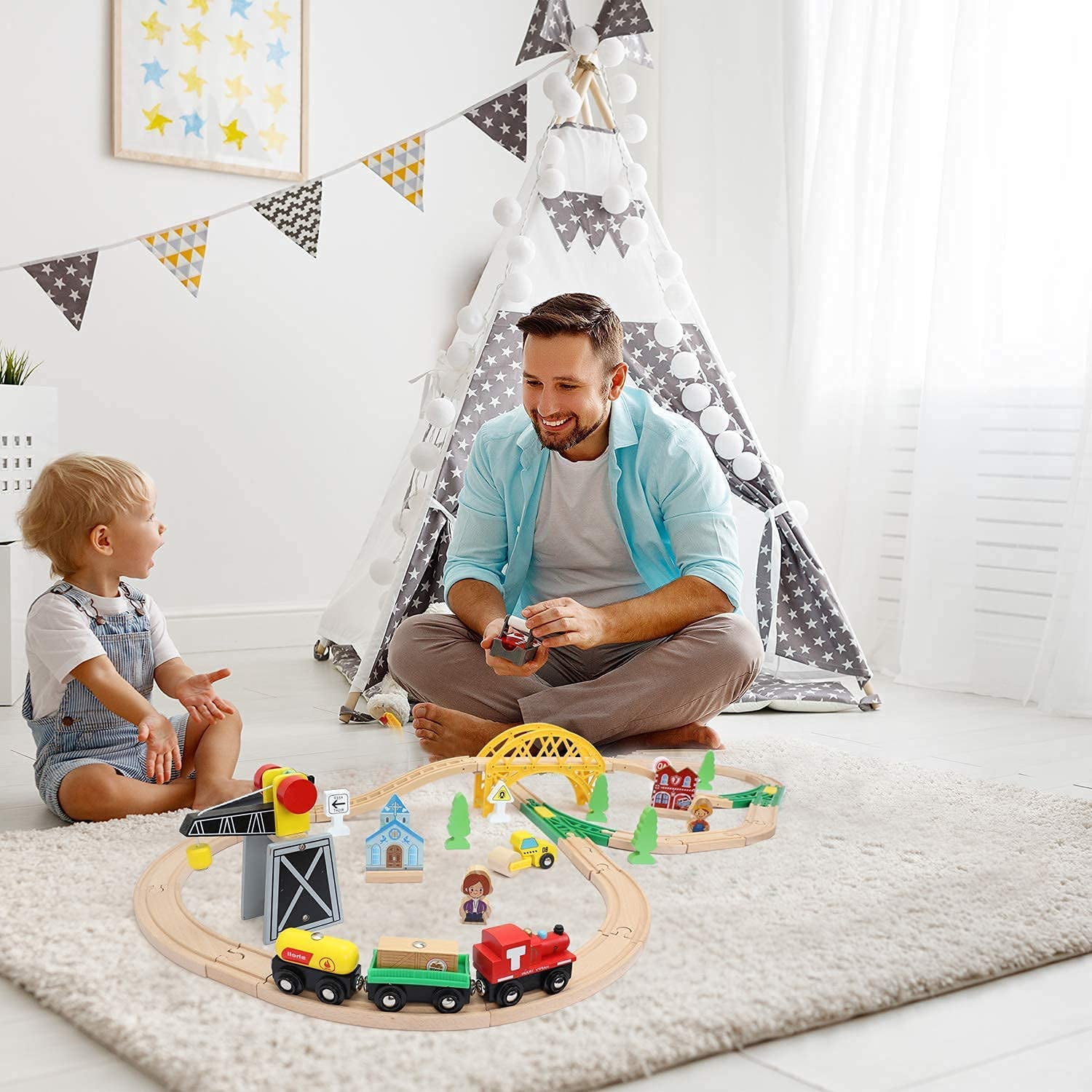 TOY Life Wooden Train Set 60pcs Toddler Boy Toys for 3 Year Old Boys - Wood Train Set with Crane Wood Train Tracks Toys Fits Thomas Brio Melisa Chugginton Gifts for Boys