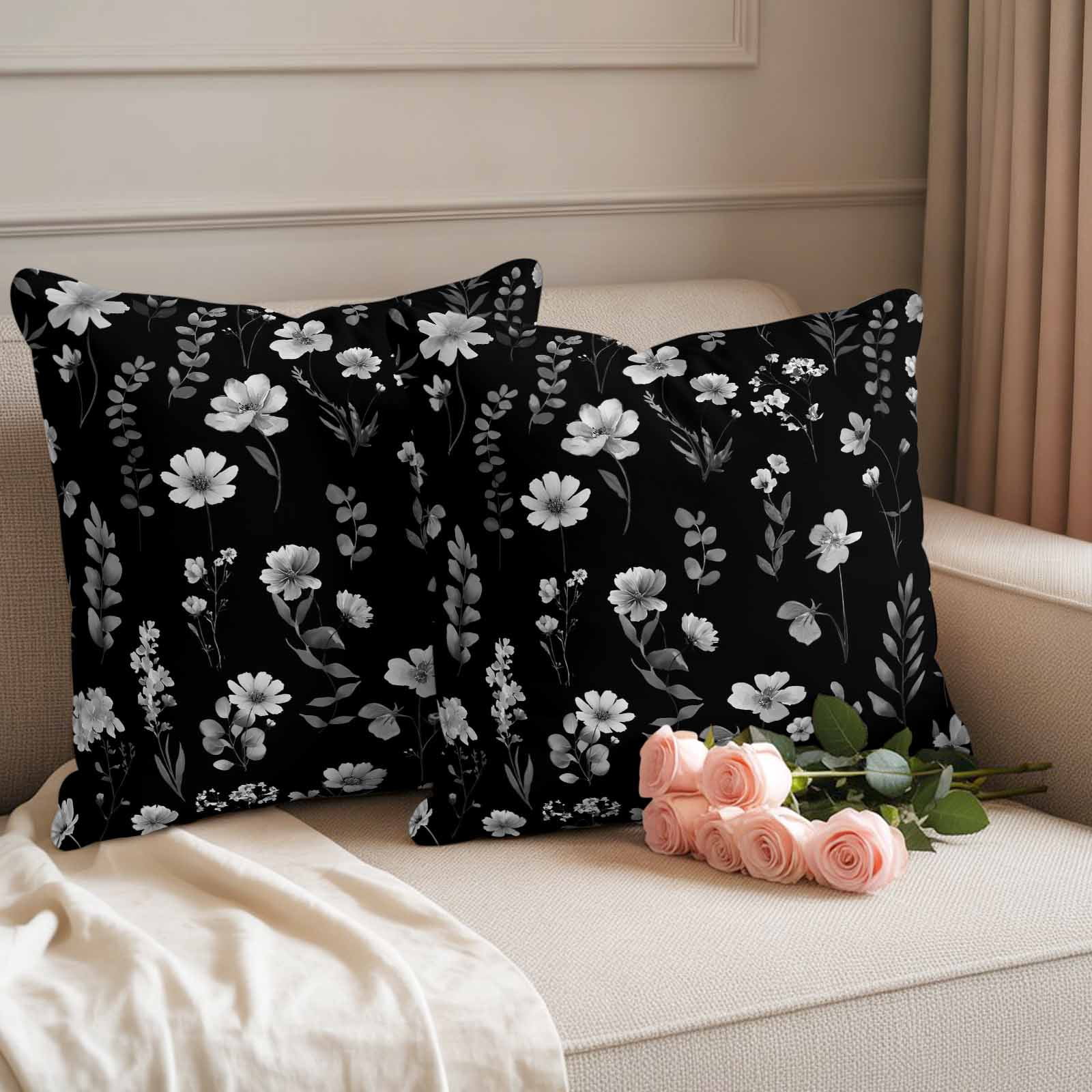 Outdoor Waterproof Throw Pillow Covers Set of 2 Black Wildflowers Decorative Pillowcases Square Outdoor Pillows Cushion Case 18x18 Inch Spring Floral Leaves Patio Pillows for Couch Sofa Bed Garden