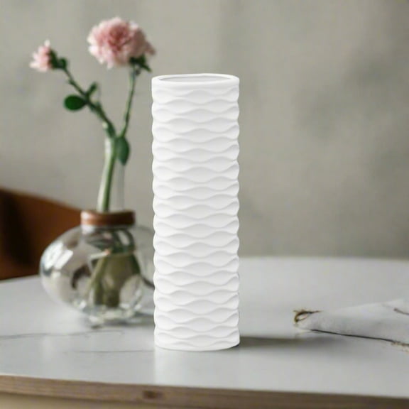 UTC21409 Ceramic Round Cylindrical Vase with Embossed Wave Design LG Matte Finish White