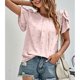 thumbnail image 2 of Camiseta con cuello redondo para mujer, escote plisado, mangas cortas de pétalos, tela jacquard, camiseta informal de verano, color rosa L, 2 of 8
