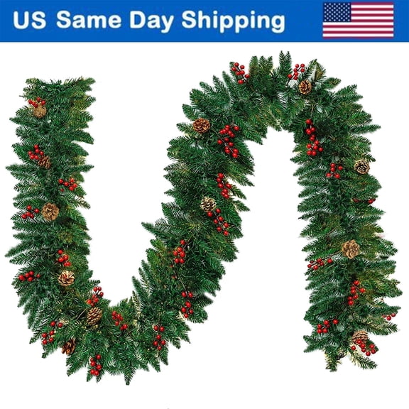 Gamexcel 10FT Christmas Garland with Red Berries Snow Pine Cones for Indoor Outdoor Holiday Xmas Mantle Decoration