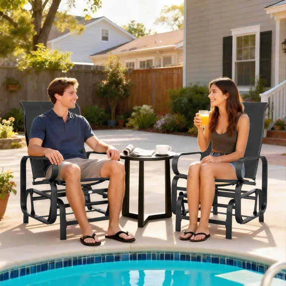 Outdoor Gliding Lounge Chair Set of 2 – Patio Glider with High Back & Ergonomic Head Support, Weather-Resistant Mesh, Smooth Glide Mechanism for Backyard Garden Porch