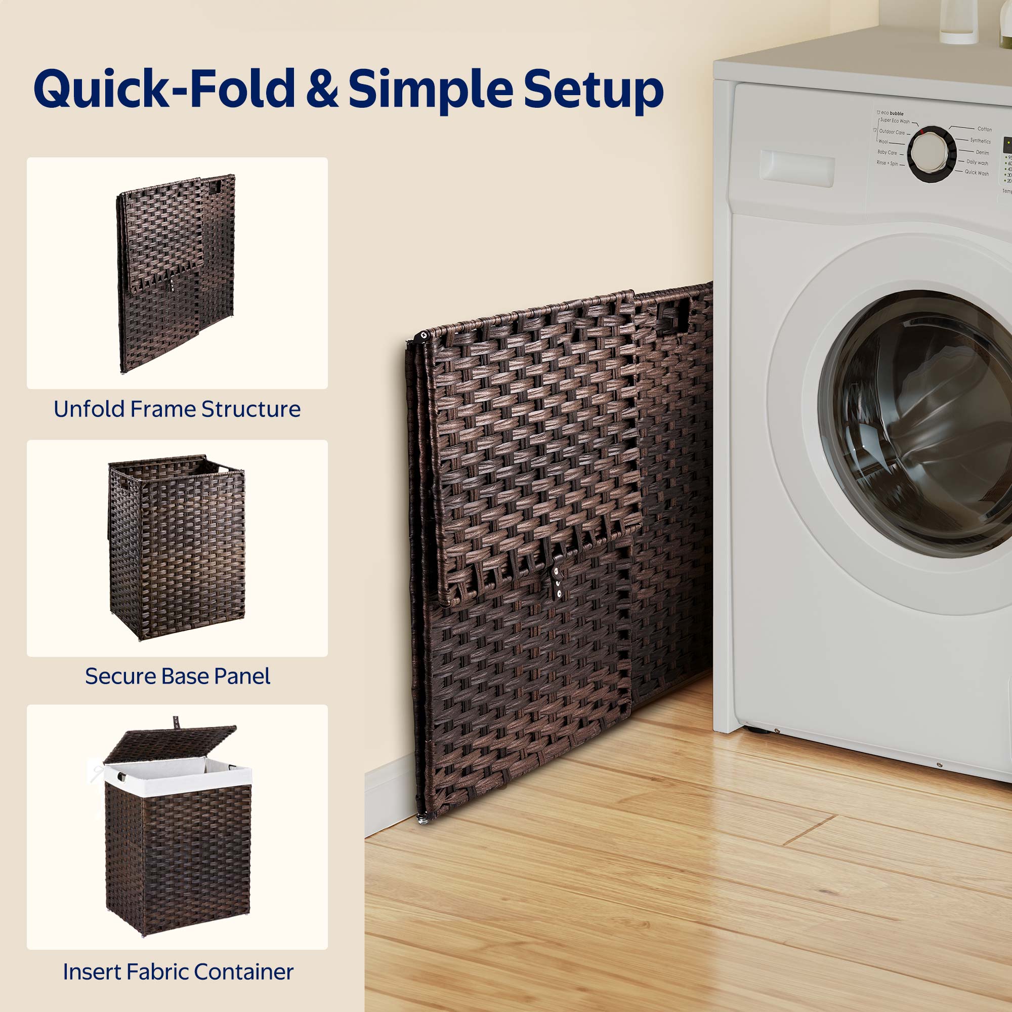 Rolanstar 110L Laundry Hamper Wicker Laundry Basket with Lid, Handles Clothes Hamper Foldable with 2 Removable Liner Bags, Brown