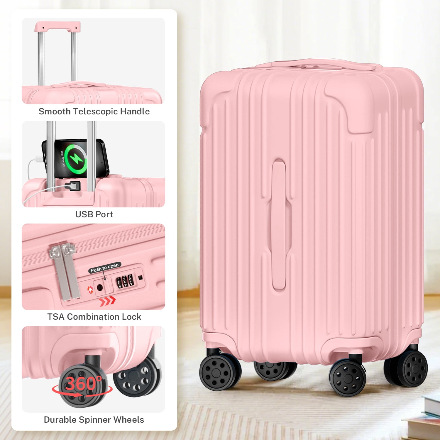 Carry on Luggage PC ABS Airline Approved Suitcase with Spinner Wheels TSA Lock Hardshell 20 inch Pink