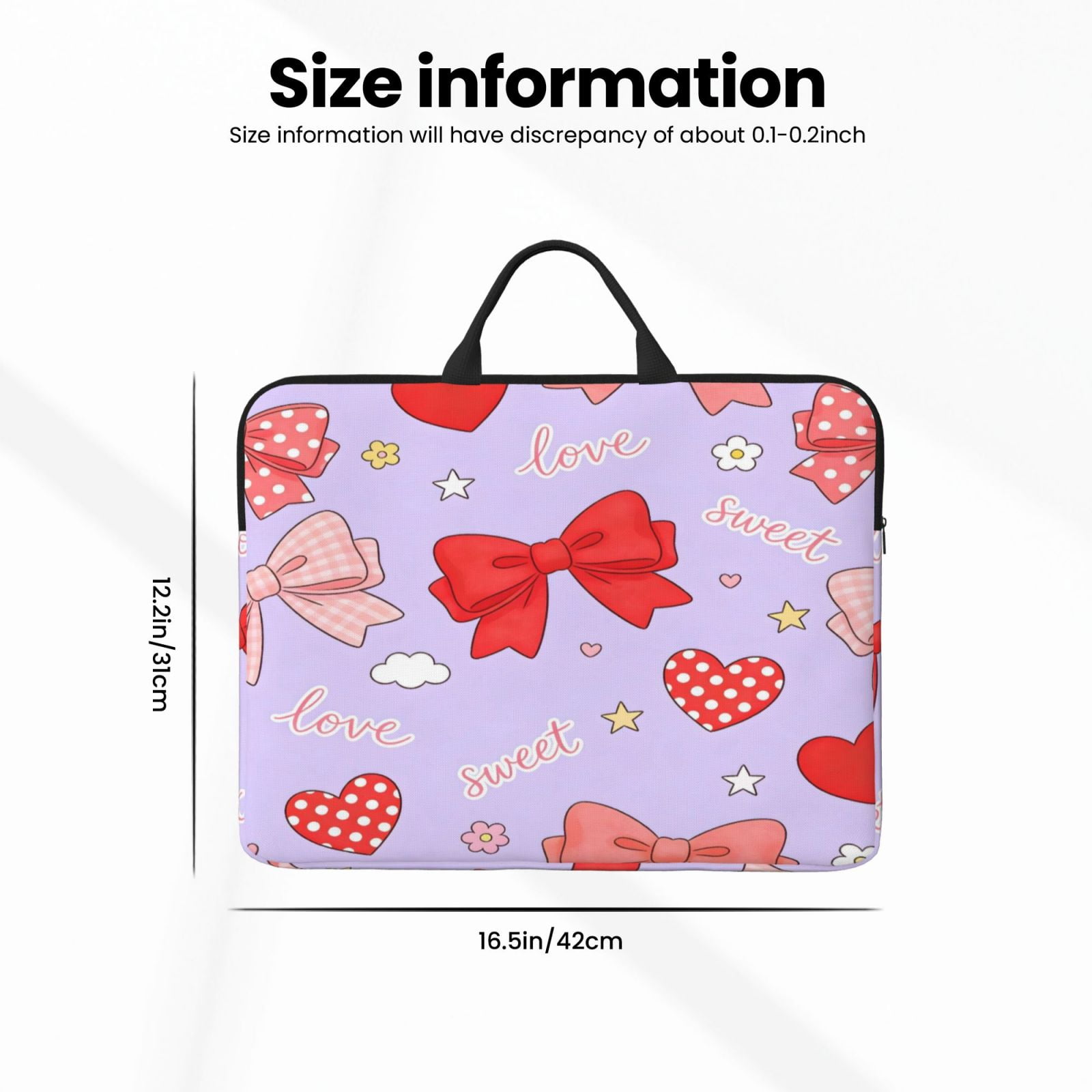 Laptop Sleeve Bag For Women Men 14inch Waterproof Durable Protective Computer Carrying Cover Handle Laptop Case Bag Sweet Love Bow Heart Light Purple
