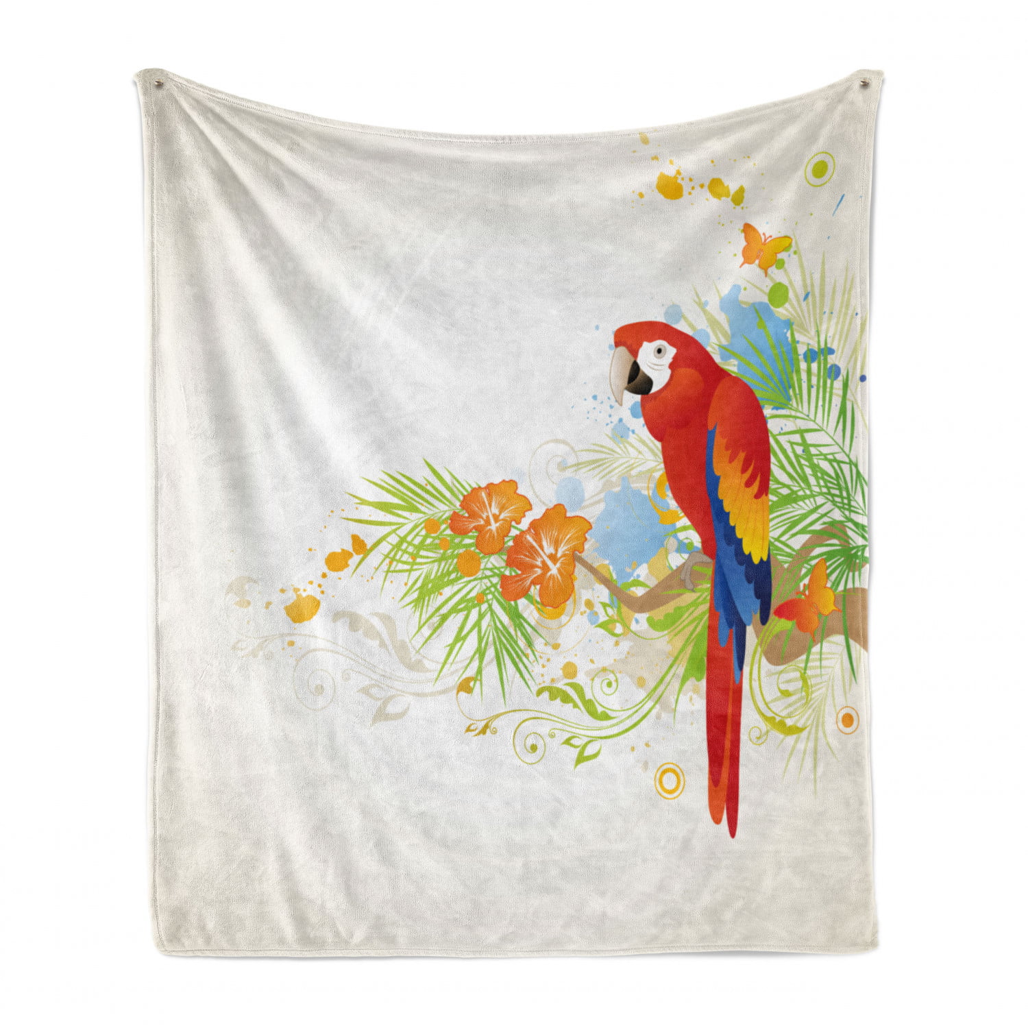 Ambesonne Bird Print Soft Flannel Fleece Throw Blanket Cozy Plush for Indoor and Outdoor Use 60 x 80 Multicolor Tropical Macaw Parrot on an Exotic Palm Leaves and Hibiscus Branch Summer Art 