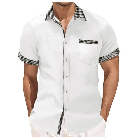 Wyzesi Blue Shirt Boys Men's Short Sleeve Shirt Summer Casual Patchwork Plaid Hawaii Beach Holiday Shirts Compression Shirt Men Football Turtle Neck