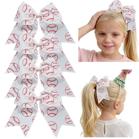 JoyBowie 4 pack 8 inch baseball print hair bows, cheer hair ties for girls teens, includes red bow hair