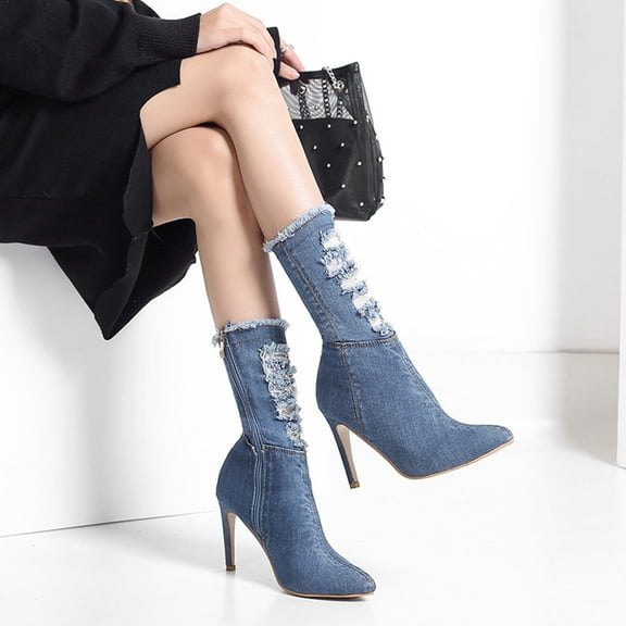 AURARMLET 1 Pair Denim Thigh High Boots for Women Blue Breathable Comfortable Autumn Winter