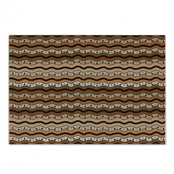 Zambia Cutting Board, Tribal Pattern with Wavy Lines Geometric Triangles Kenyan Art Design, Decorative Tempered Glass Cutting and Serving Board, Small Size, Pale Brown Cinnamon, by Ambesonne