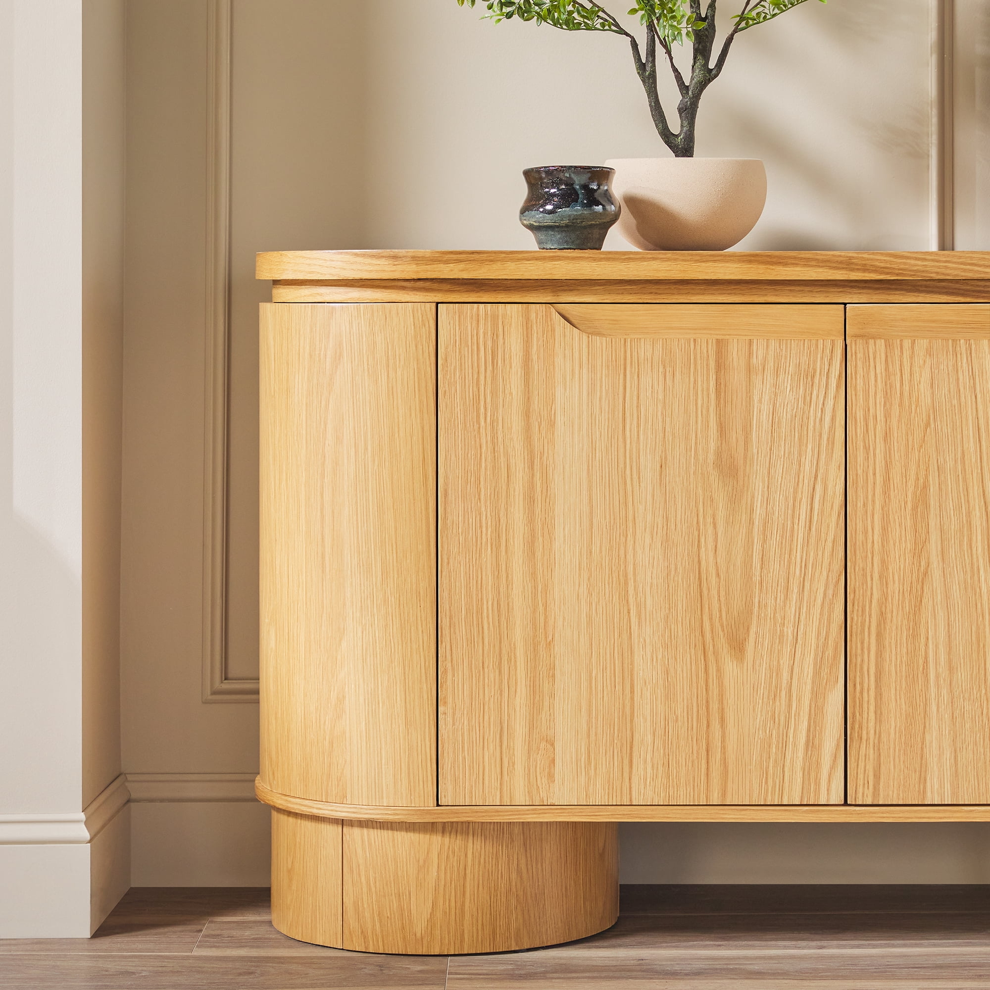 Walker Edison Modern Large Curved Wood Sideboard TV Stand, White Oak