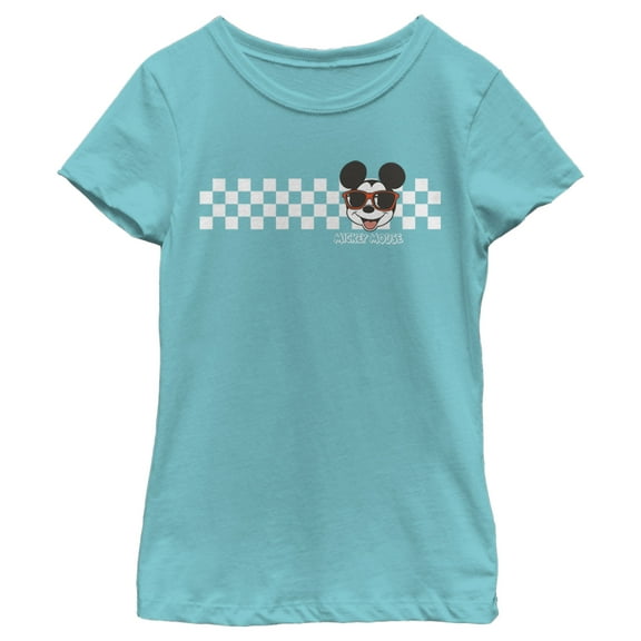 Girl's Mickey & Friends Mickey Mouse Checkers  Graphic Tee Tahiti Blue Medium