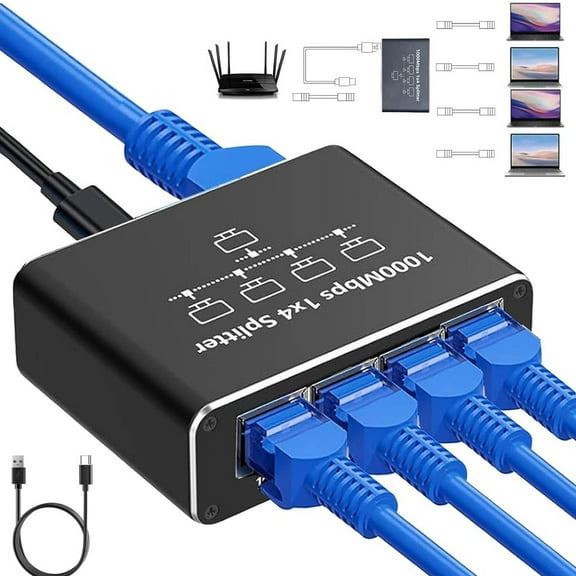 Ethernet Splitter 1 to 2 1000Mbps Internet Cable Splitter 1 in 2 Out High Speed Either Network Splitter Gigabit Dual LAN RJ45 Port Router Switch Work with Cat6/7/8 Cable