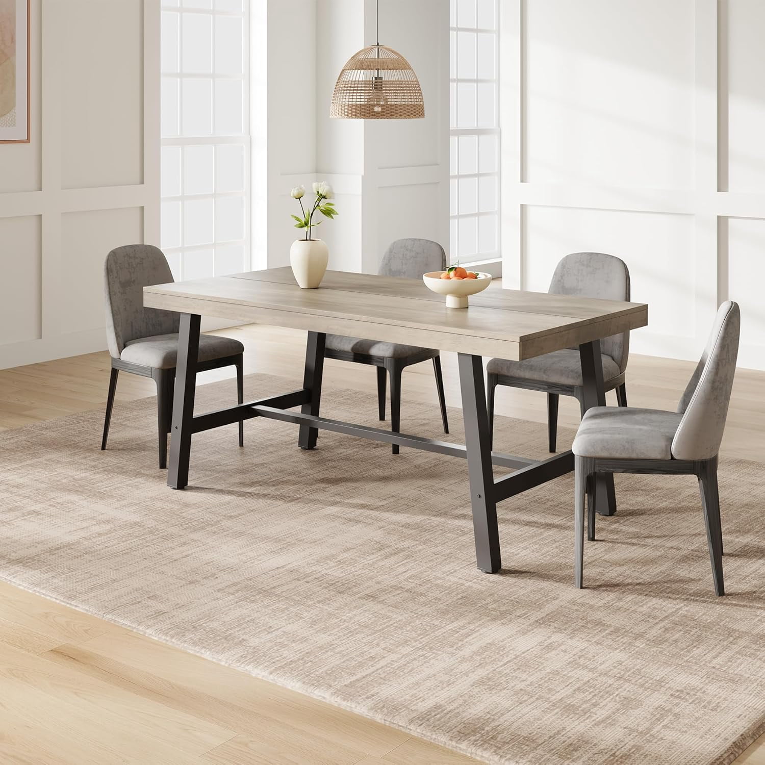 Industrial Dining Table for 4-6 People, 63" Long Wooden Kitchen Table with Sturdy Metal Frame & Grey Finish - Seats 4 Rectangular Counter for Dinner, Kitchen, Dining Room - Grey