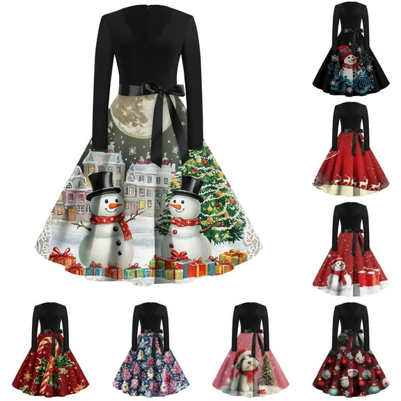 Women's Casual Fashion Print Long Sleeve V Neck Dress with AI Christmas Theme, Retro Party Casual Dress for Fall and Winter, Versatile and Chic Holiday Attire,Black,L