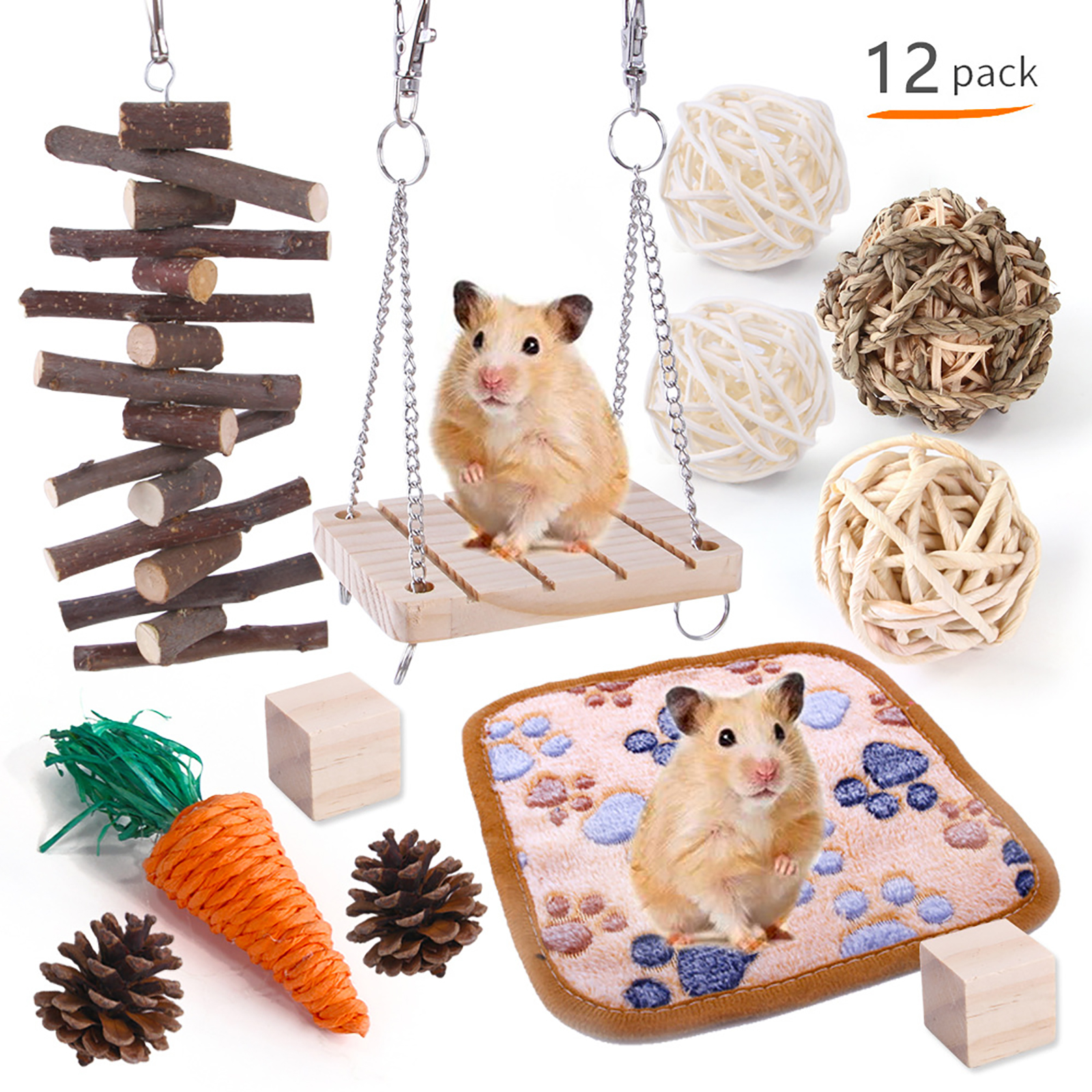 Haokaini 12 Pcs Bunny Chew Toys, Hamster Natural Grass Rattan Carrot