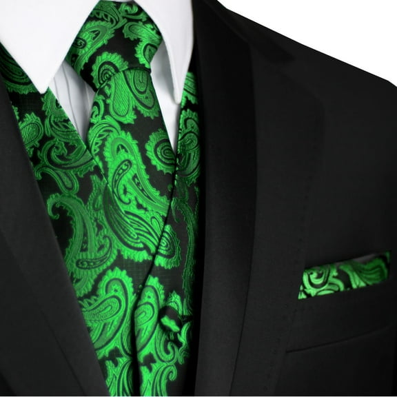 "BEST TUXEDO" Men's Formal, Wedding, Prom, Homecoming, Tuxedo Vest, Tie & Hankie Set in Green Paisley