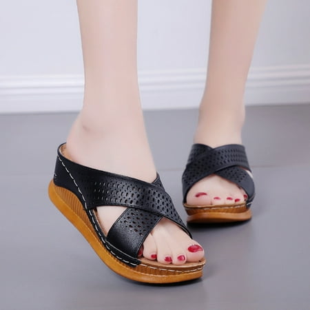 

Aayomet Ladies Slippers Women s Ingrid Ankle Strap Low Wedge Sandal Black 7.5
