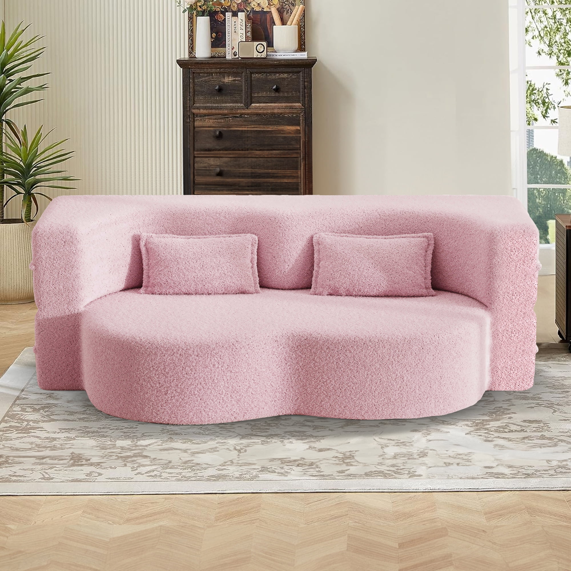 Aukfa 2-in-1 Convertible Couch Bed with 2 Pillows, Folding Floor Couch, 15" Full Size Bed Mattress, Memory Foam Sleeper Sofa Bed, Pink