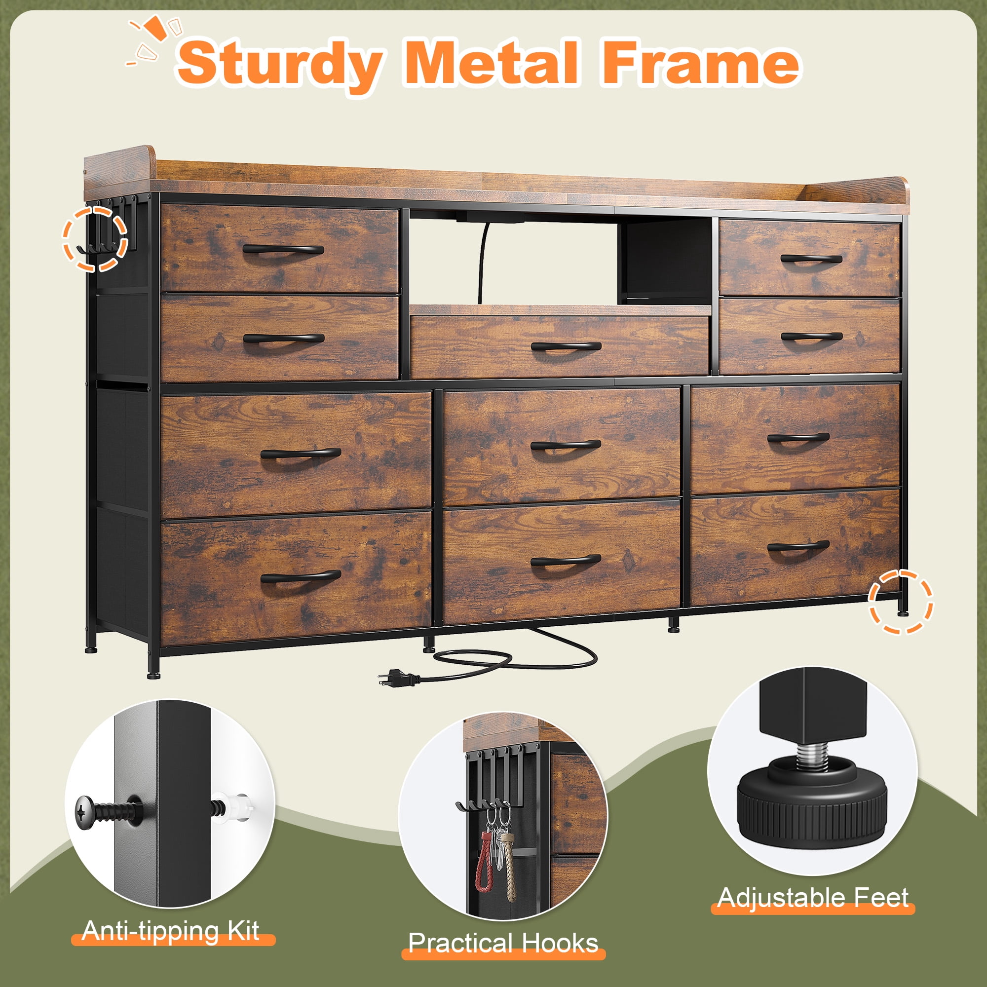 Dresser for Bedroom with 11 Drawers for 60" TV Stand with LED Lights & Charging Station Wide Dresser with Shelves & 4 Hooks Sturdy Metal Frame & Fabric & Wood Top,Rustic Brown