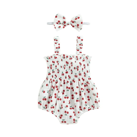 Gzhioc Infant Baby Girl 2Pcs Summer Outfits 0 3 6 12 18 Months Sleeveless Cherry/Carrot/Tree Print Romper with Headband