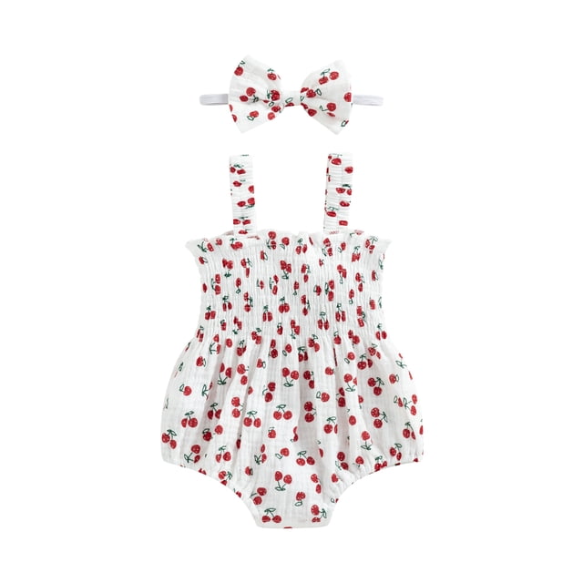 SUNSIOM Bébé Filles 2Pcs Tenues d'Été, Robe Romper Cerise/carotte/arbre Imprimé Romper Robe Froissée Combinaisons avec Bandeau