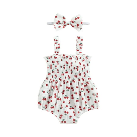 

Arvbitana Baby Girl Suspender Romper Cherry / Carrot / Tree Print Sleeveless Bodysuit + Headband Summer Sweet Princess Outfits 2Pcs 0-18M